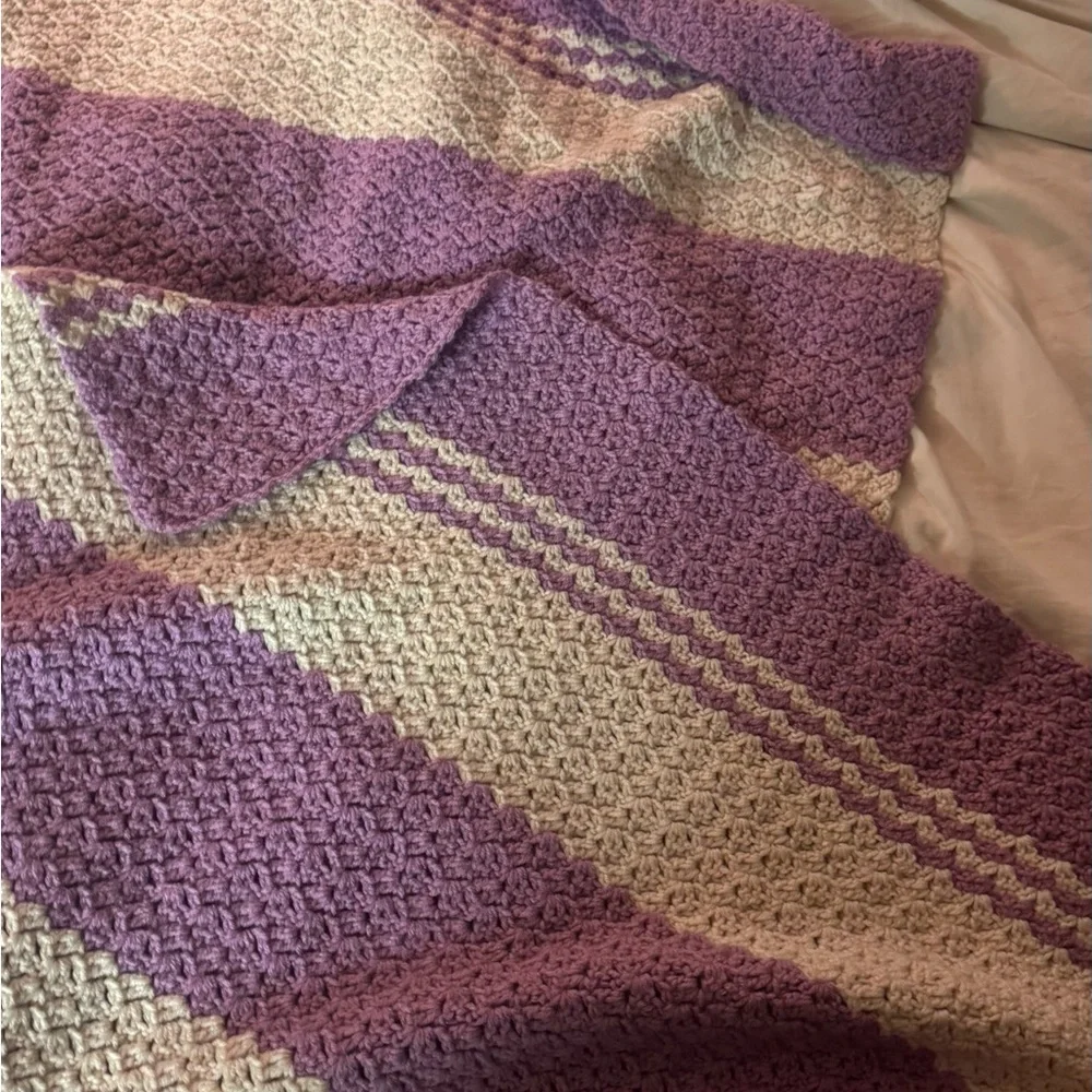 Handmade Cozy Purple and Cream Knitted Blanket